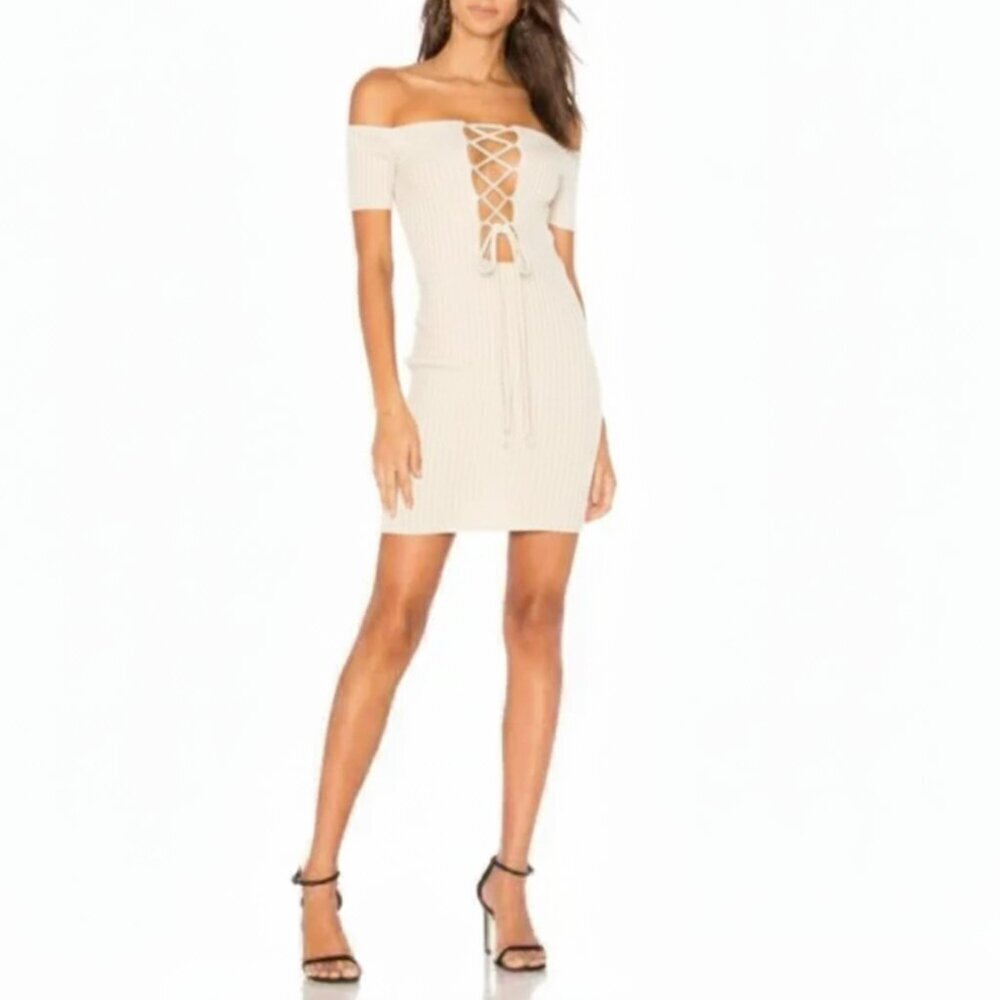 NEW h:ours Revolve Dorian Ivory Ribbed Lace Up Mini Dress
